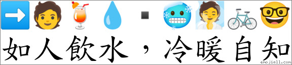 如人飲水，冷暖自知 對應Emoji ➡ 🧑 🍹 💧 ▪ 🥶 🧖 🚲 🤓  的對照PNG圖片
