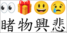 睹物兴悲 对应Emoji 👀 🎁 😃 😢  的对照PNG图片