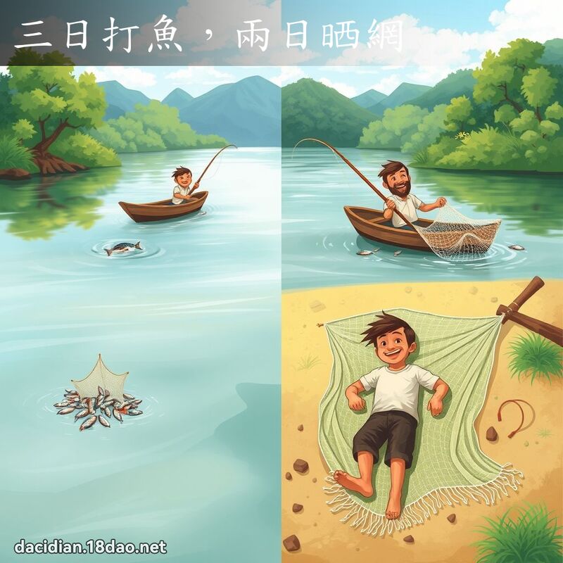 三日打魚，兩日晒網 - 國語大辭典配圖