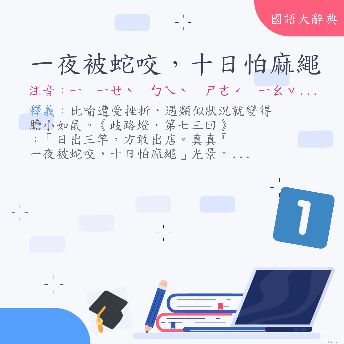 詞語:一夜被蛇咬，十日怕麻繩 (注音:ㄧ　ㄧㄝˋ　ㄅㄟˋ　ㄕㄜˊ　ㄧㄠˇ　ㄕˊ　ㄖˋ　ㄆㄚˋ　ㄇㄚˊ　ㄕㄥˊ)