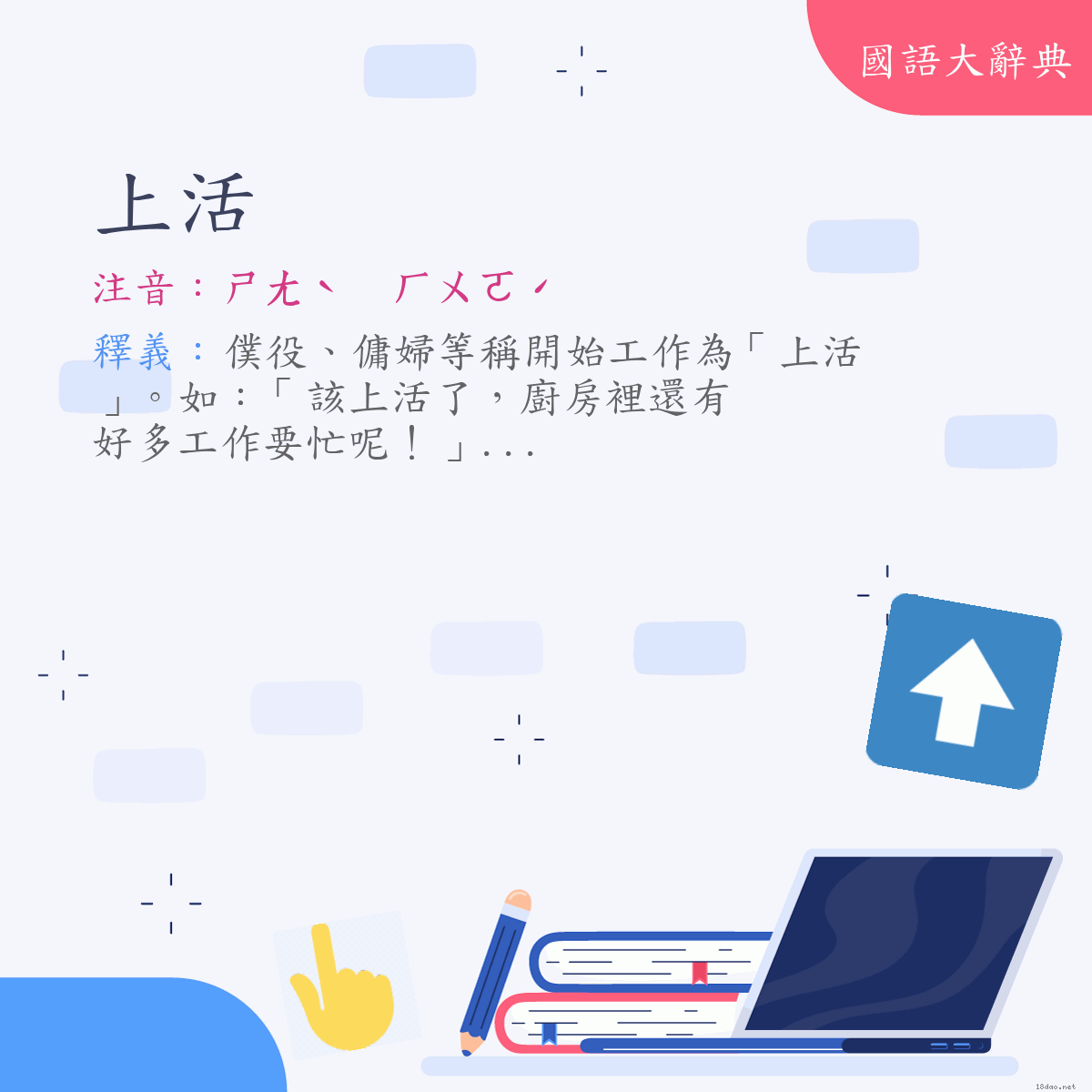 詞語:上活 (注音:ㄕㄤˋ　ㄏㄨㄛˊ)