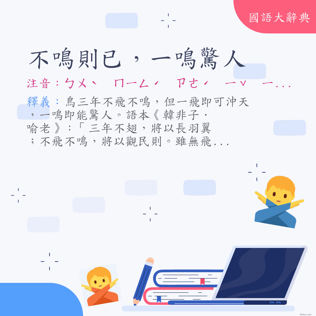 詞語:不鳴則已，一鳴驚人 (注音:ㄅㄨˋ　ㄇㄧㄥˊ　ㄗㄜˊ　ㄧˇ　ㄧ　ㄇㄧㄥˊ　ㄐㄧㄥ　ㄖㄣˊ)