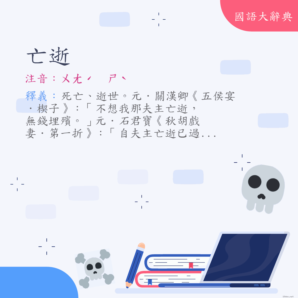 詞語:亡逝 (注音:ㄨㄤˊ　ㄕˋ)