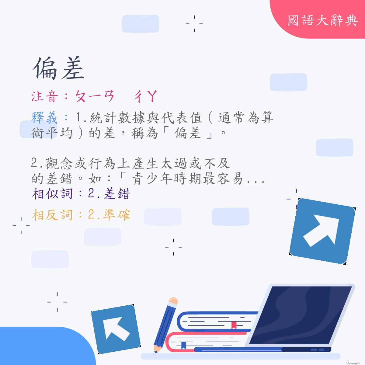 詞語:偏差 (注音:ㄆㄧㄢ　ㄔㄚ)