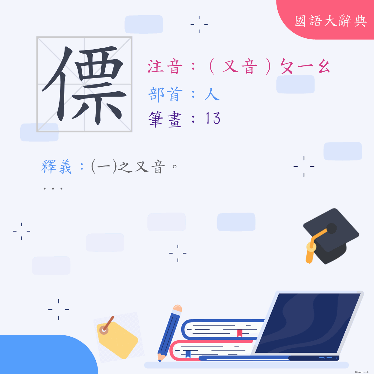 漢字:僄 (注音:(二)（又音）ㄆㄧㄠ,部首:人)