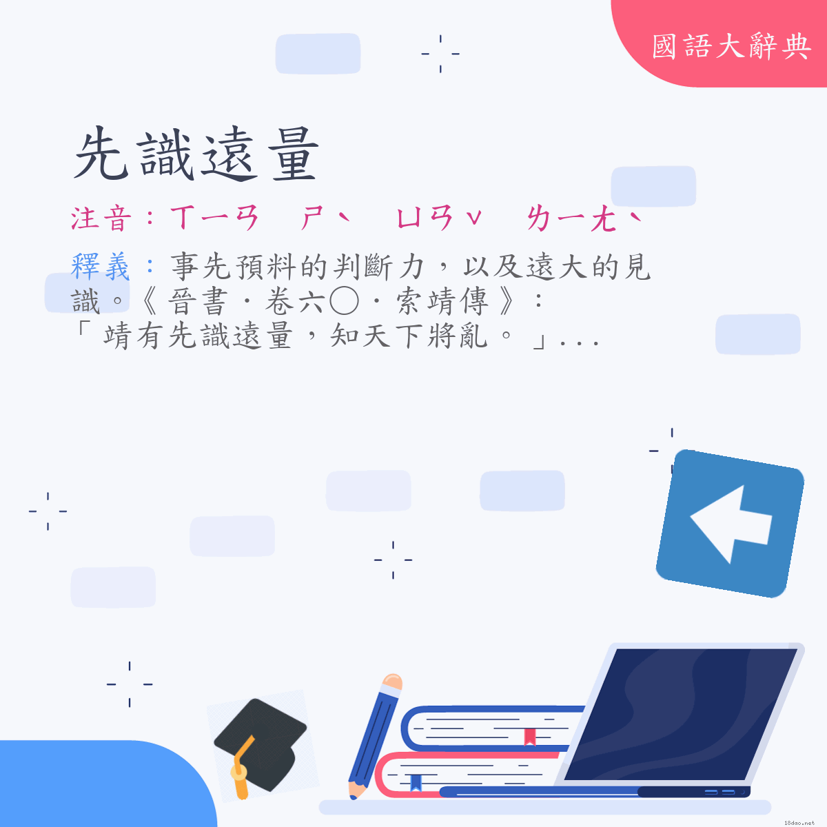 詞語:先識遠量 (注音:ㄒㄧㄢ　ㄕˋ　ㄩㄢˇ　ㄌㄧㄤˋ)