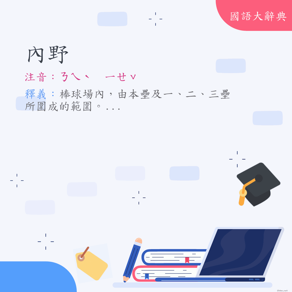 詞語:內野 (注音:ㄋㄟˋ　ㄧㄝˇ)