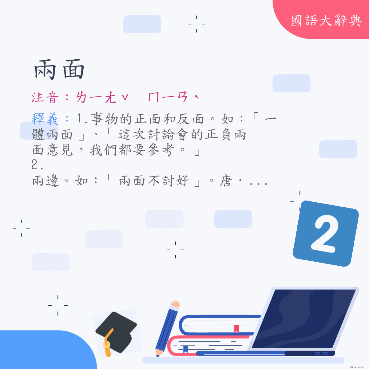 詞語:兩面 (注音:ㄌㄧㄤˇ　ㄇㄧㄢˋ)