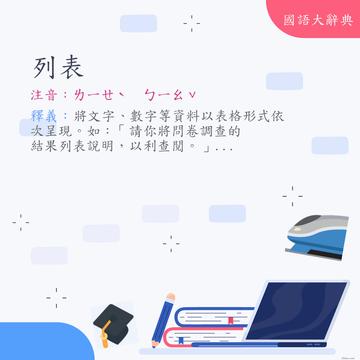 詞語:列表 (注音:ㄌㄧㄝˋ　ㄅㄧㄠˇ)