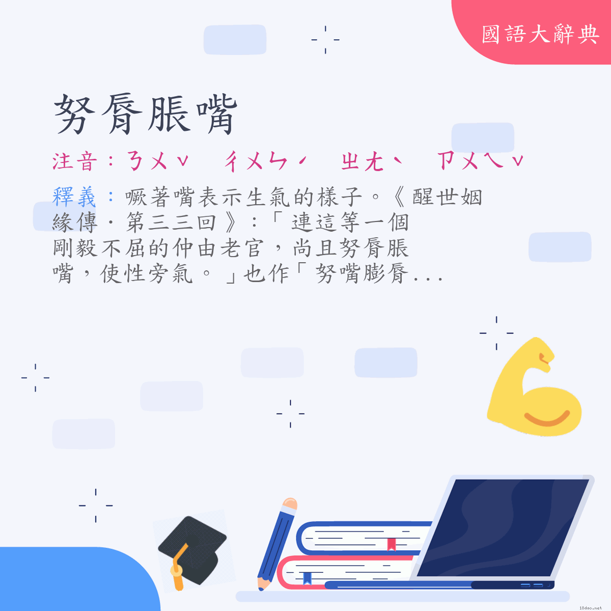 詞語:努脣脹嘴 (注音:ㄋㄨˇ　ㄔㄨㄣˊ　ㄓㄤˋ　ㄗㄨㄟˇ)