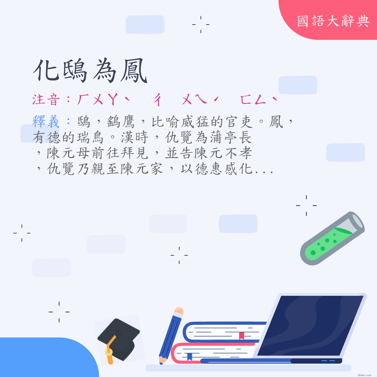 詞語:化鴟為鳳 (注音:ㄏㄨㄚˋ　ㄔ　ㄨㄟˊ　ㄈㄥˋ)