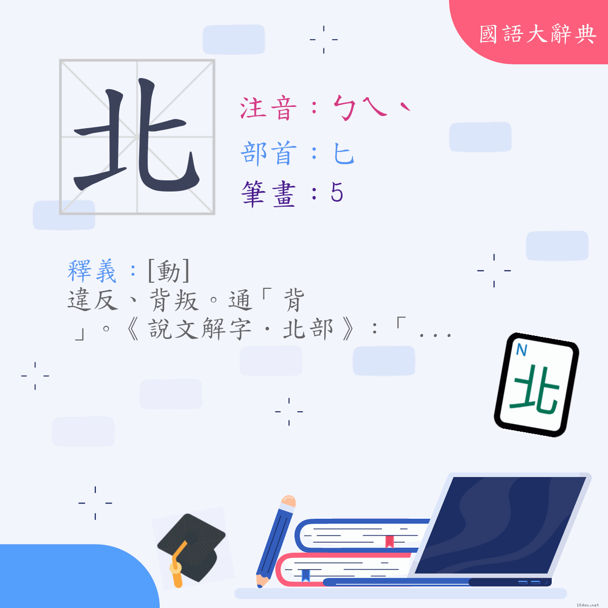 漢字:北 (注音:(三)ㄅㄟˋ,部首:匕)