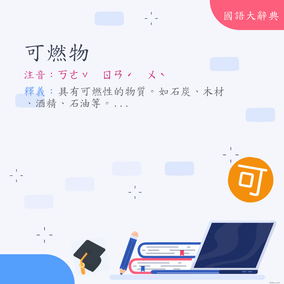 詞語:可燃物 (注音:ㄎㄜˇ　ㄖㄢˊ　ㄨˋ)