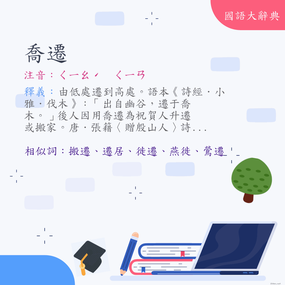 詞語:喬遷 (注音:ㄑㄧㄠˊ　ㄑㄧㄢ)