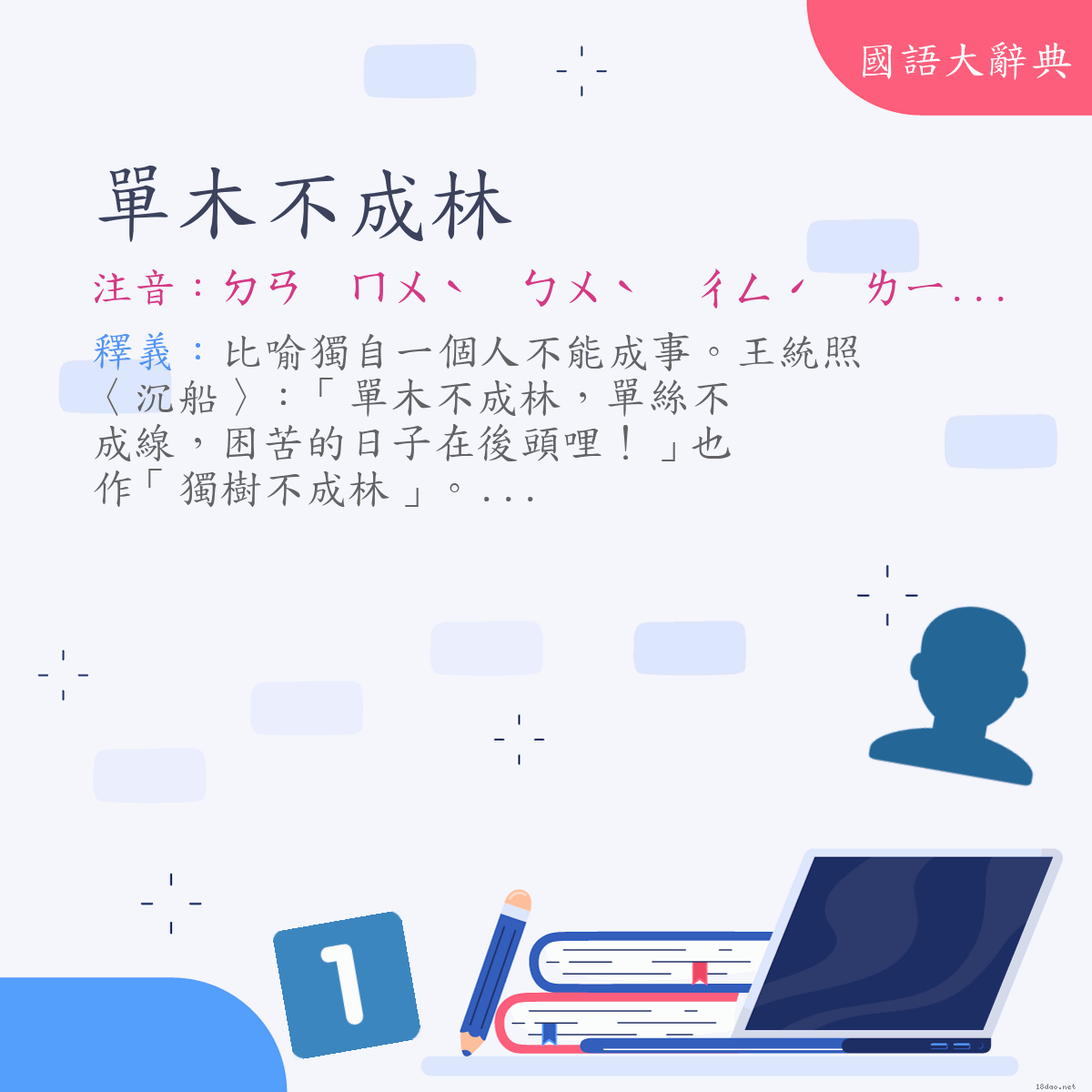 詞語:單木不成林 (注音:ㄉㄢ　ㄇㄨˋ　ㄅㄨˋ　ㄔㄥˊ　ㄌㄧㄣˊ)