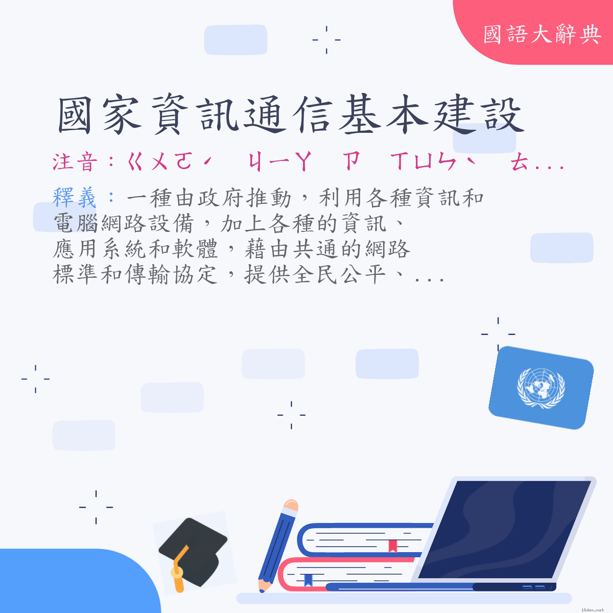 詞語:國家資訊通信基本建設 (注音:ㄍㄨㄛˊ　ㄐㄧㄚ　ㄗ　ㄒㄩㄣˋ　ㄊㄨㄥ　ㄒㄧㄣˋ　ㄐㄧ　ㄅㄣˇ　ㄐㄧㄢˋ　ㄕㄜˋ)