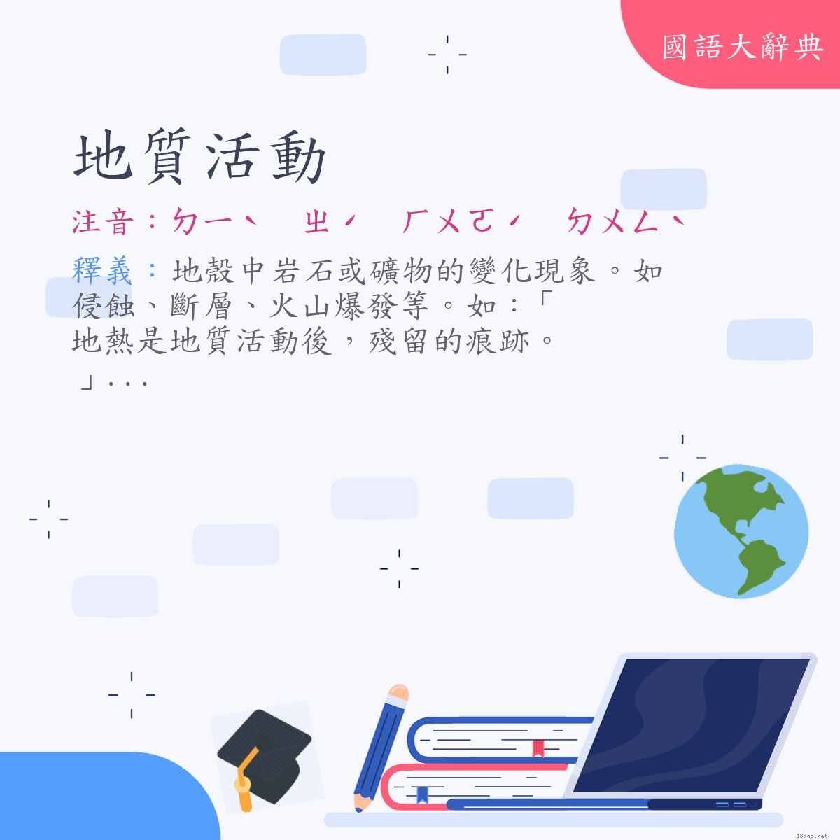 詞語:地質活動 (注音:ㄉㄧˋ　ㄓˊ　ㄏㄨㄛˊ　ㄉㄨㄥˋ)