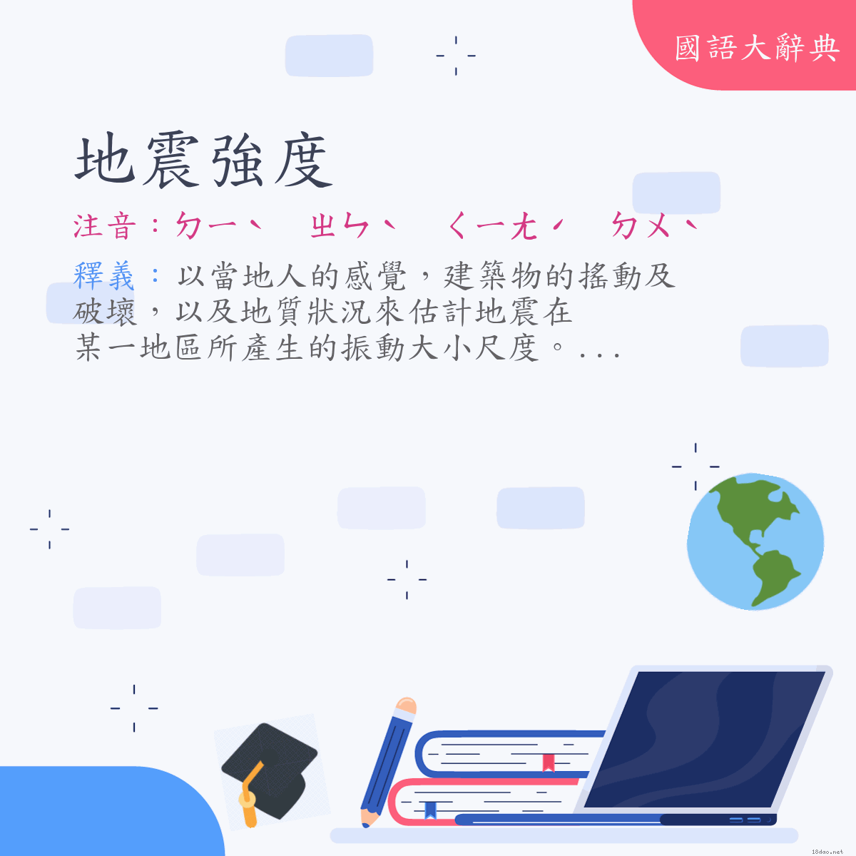 詞語:地震強度 (注音:ㄉㄧˋ　ㄓㄣˋ　ㄑㄧㄤˊ　ㄉㄨˋ)