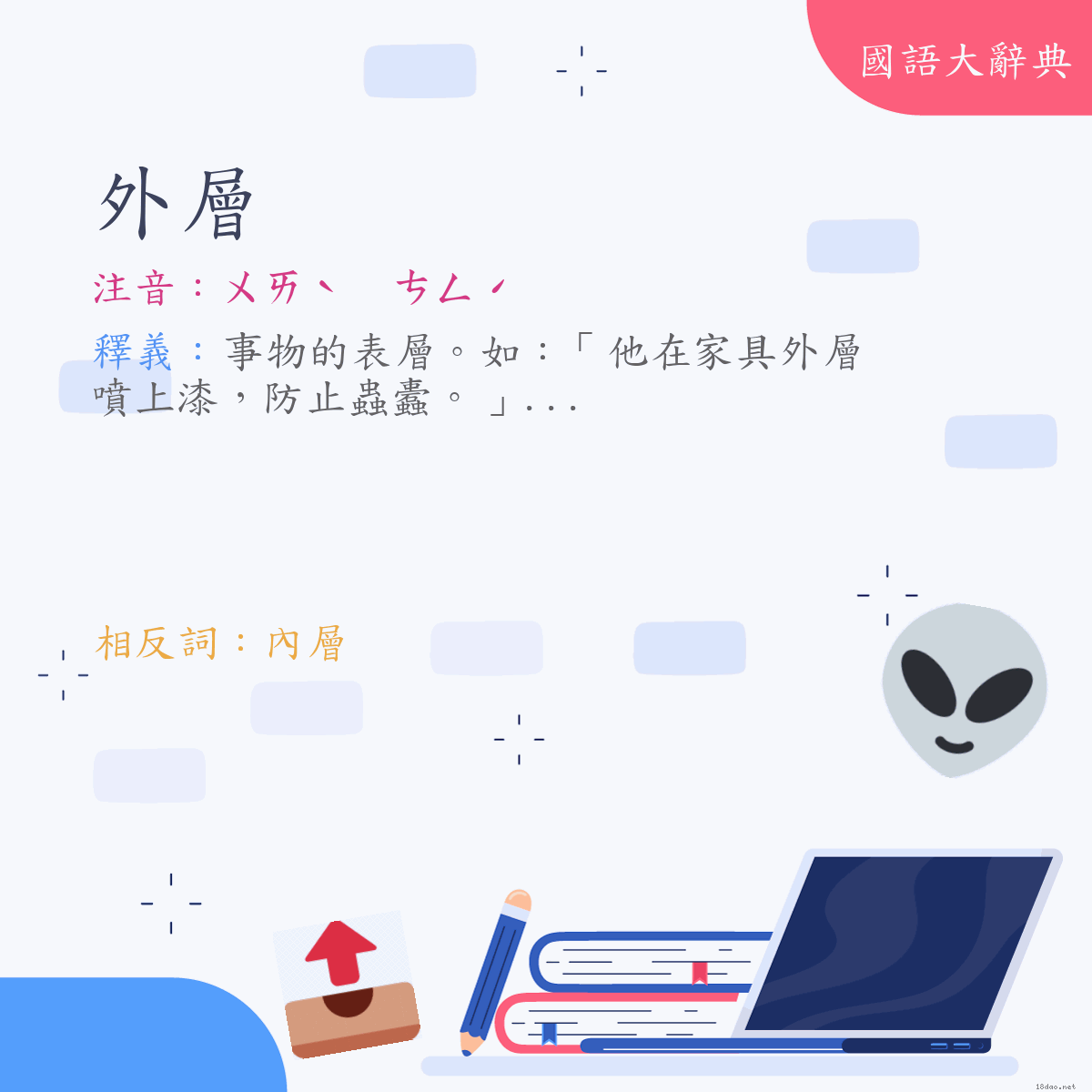 詞語:外層 (注音:ㄨㄞˋ　ㄘㄥˊ)