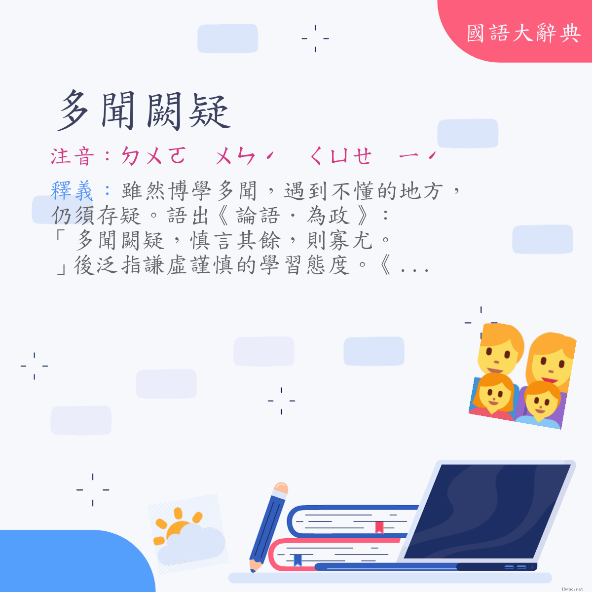 詞語:多聞闕疑 (注音:ㄉㄨㄛ　ㄨㄣˊ　ㄑㄩㄝ　ㄧˊ)