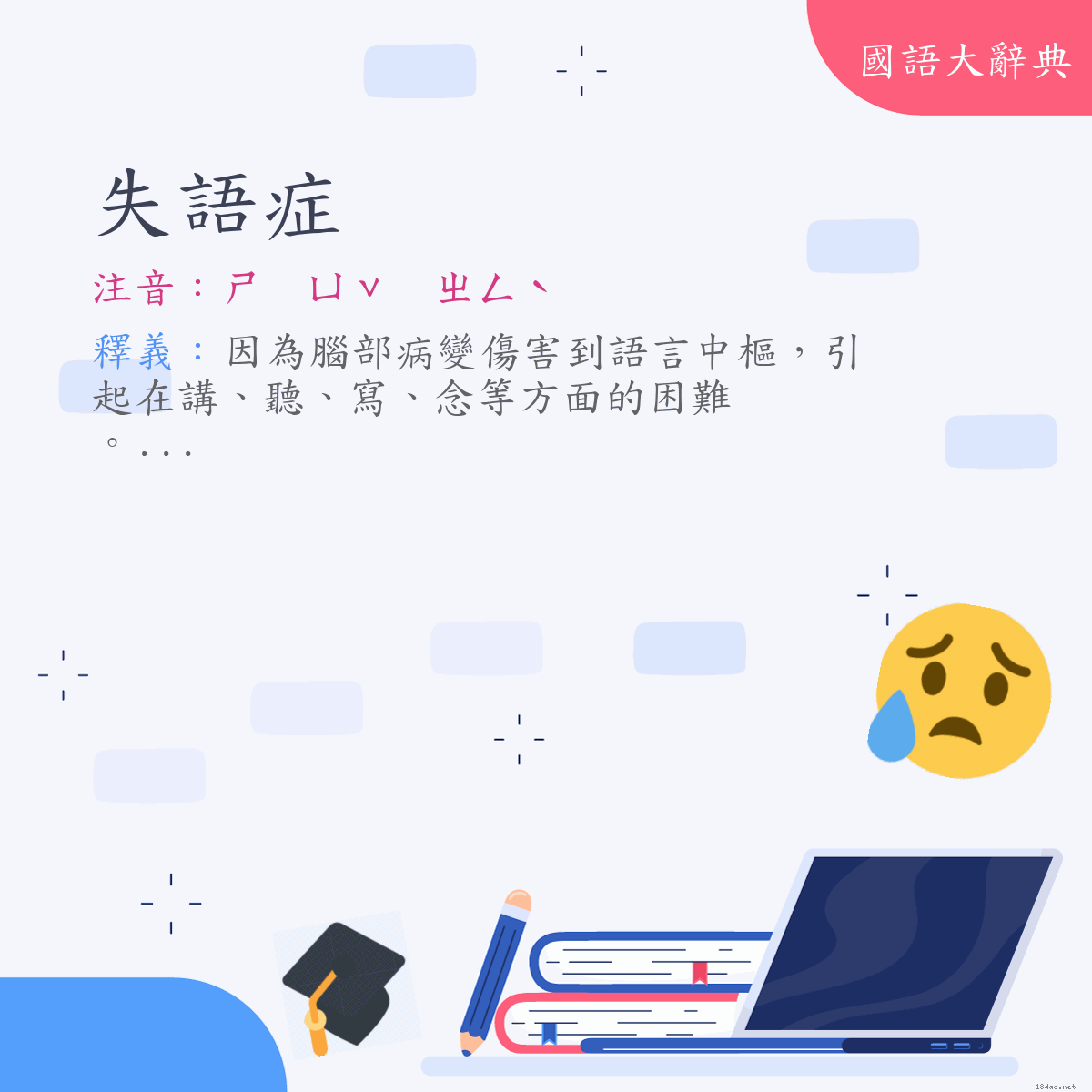 詞語:失語症 (注音:ㄕ　ㄩˇ　ㄓㄥˋ)