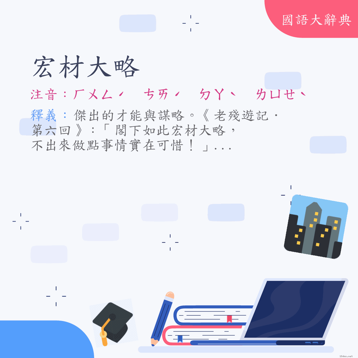 詞語:宏材大略 (注音:ㄏㄨㄥˊ　ㄘㄞˊ　ㄉㄚˋ　ㄌㄩㄝˋ)