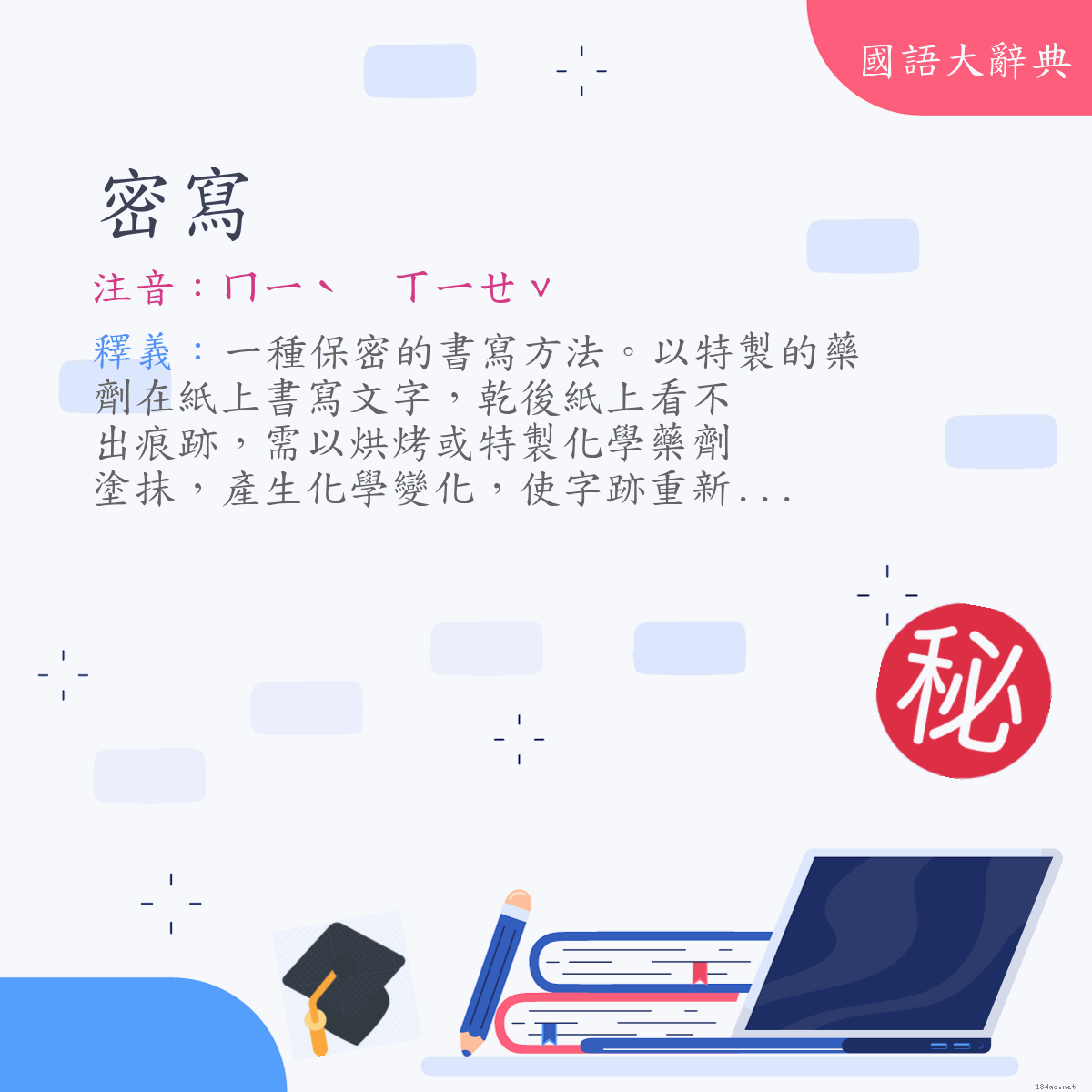 詞語:密寫 (注音:ㄇㄧˋ　ㄒㄧㄝˇ)