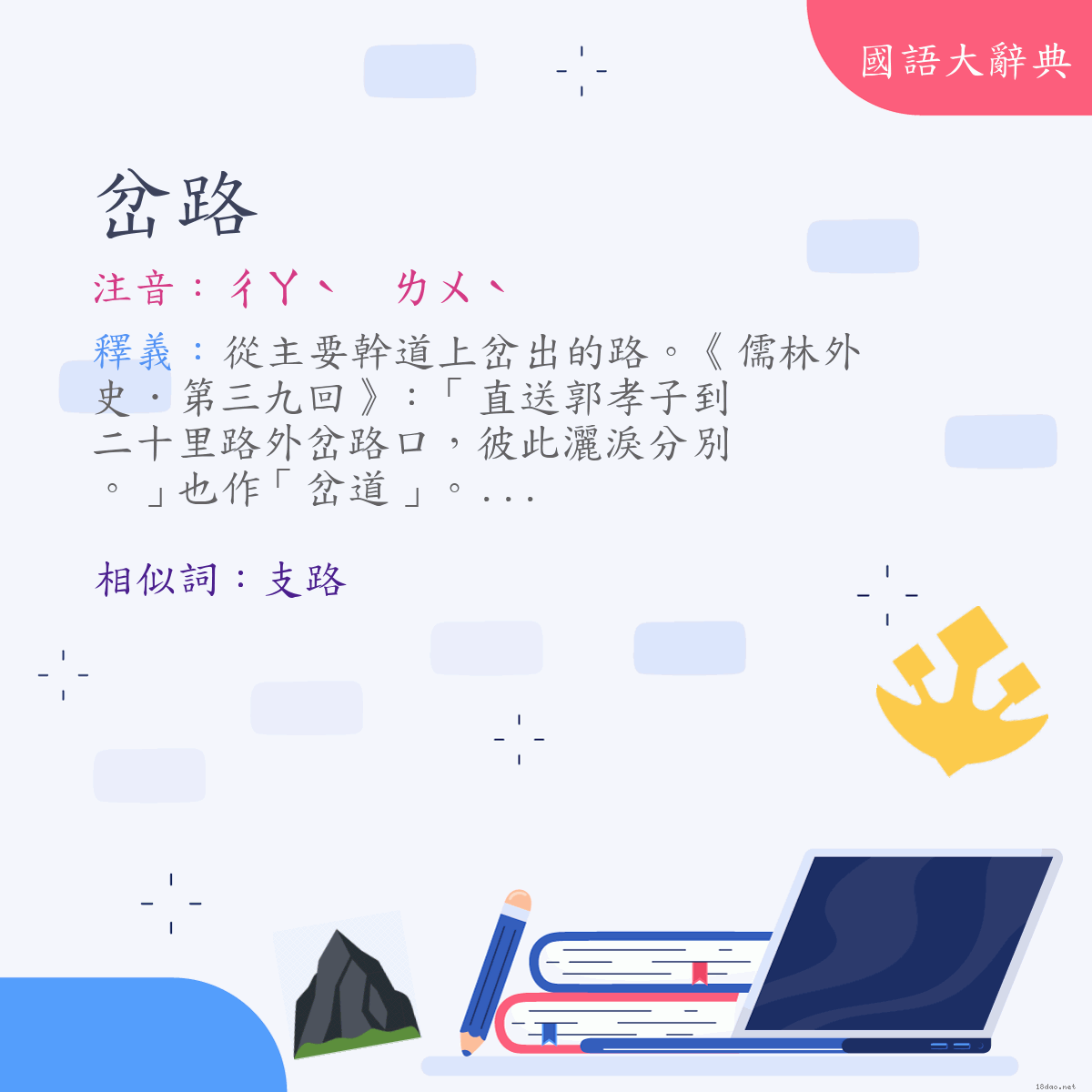 詞語:岔路 (注音:ㄔㄚˋ　ㄌㄨˋ)