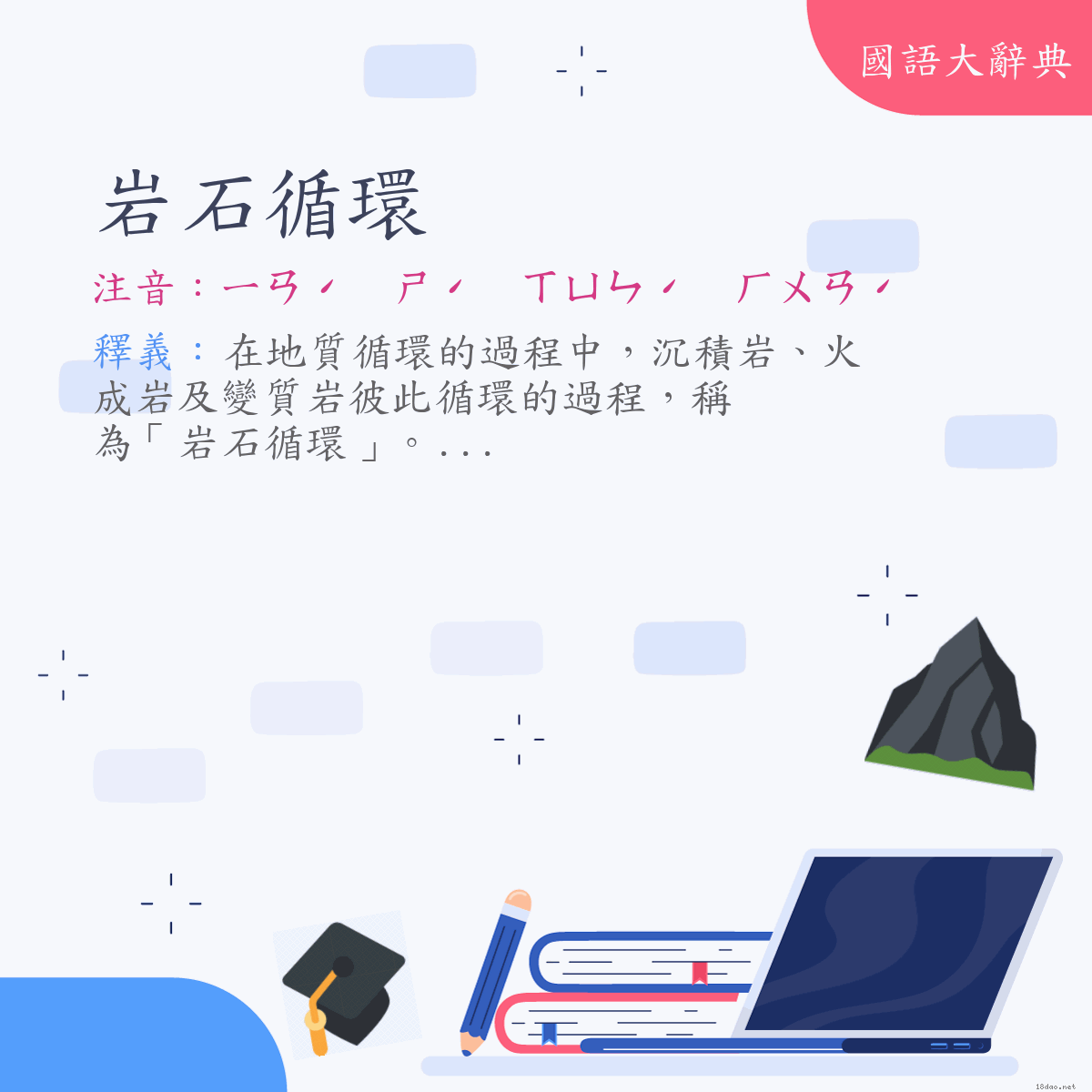 詞語:岩石循環 (注音:ㄧㄢˊ　ㄕˊ　ㄒㄩㄣˊ　ㄏㄨㄢˊ)