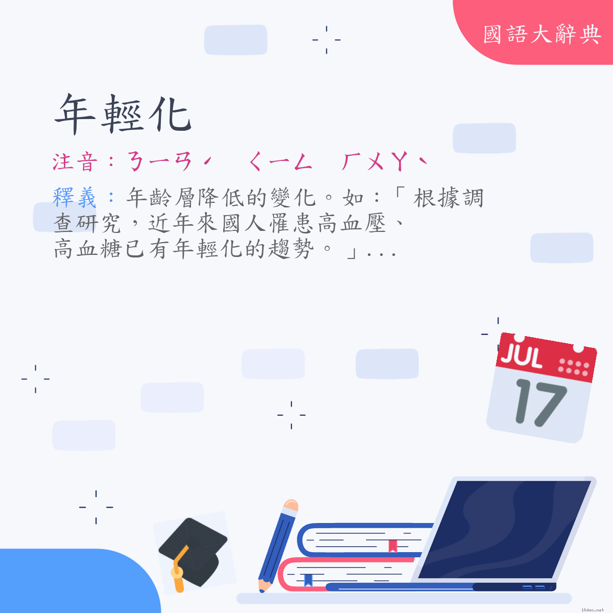 詞語:年輕化 (注音:ㄋㄧㄢˊ　ㄑㄧㄥ　ㄏㄨㄚˋ)