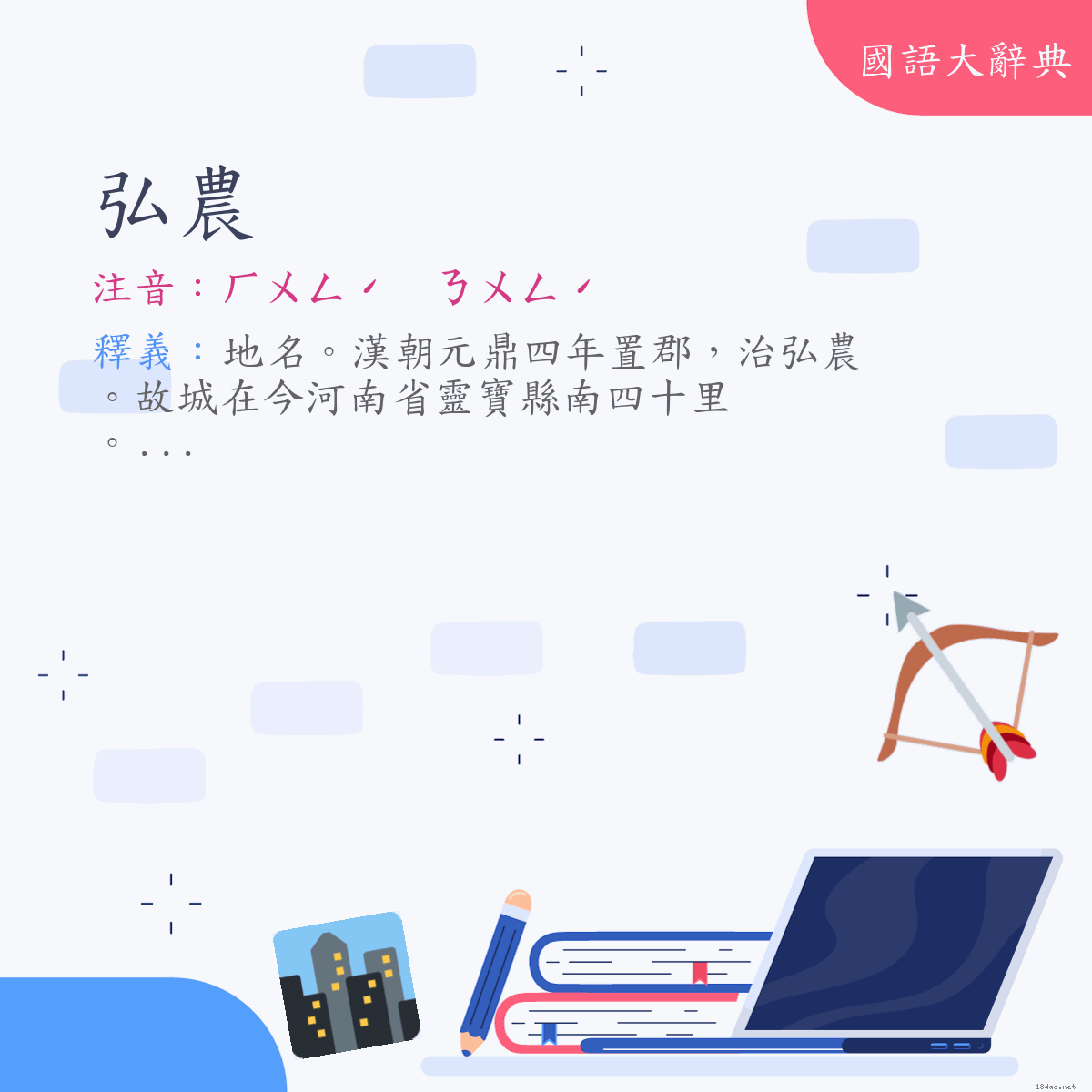 詞語:弘農 (注音:ㄏㄨㄥˊ　ㄋㄨㄥˊ)