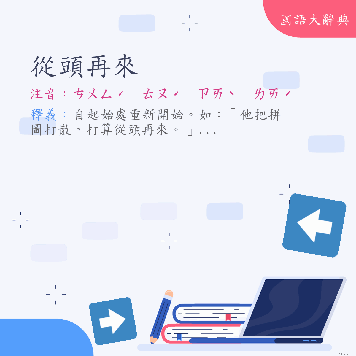 詞語:從頭再來 (注音:ㄘㄨㄥˊ　ㄊㄡˊ　ㄗㄞˋ　ㄌㄞˊ)