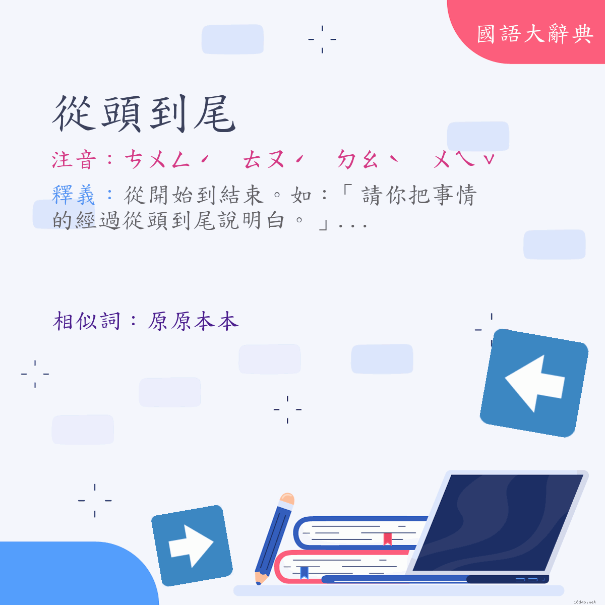 詞語:從頭到尾 (注音:ㄘㄨㄥˊ　ㄊㄡˊ　ㄉㄠˋ　ㄨㄟˇ)