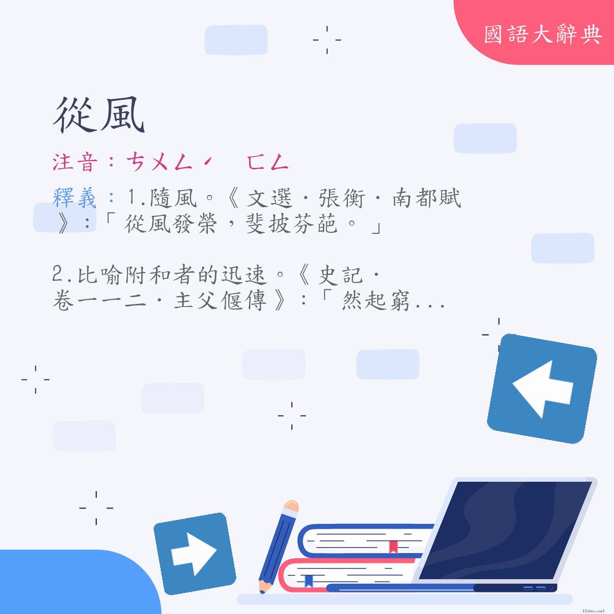 詞語:從風 (注音:ㄘㄨㄥˊ　ㄈㄥ)