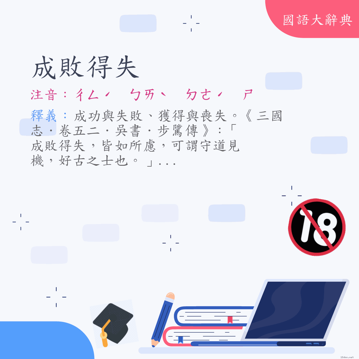 詞語:成敗得失 (注音:ㄔㄥˊ　ㄅㄞˋ　ㄉㄜˊ　ㄕ)