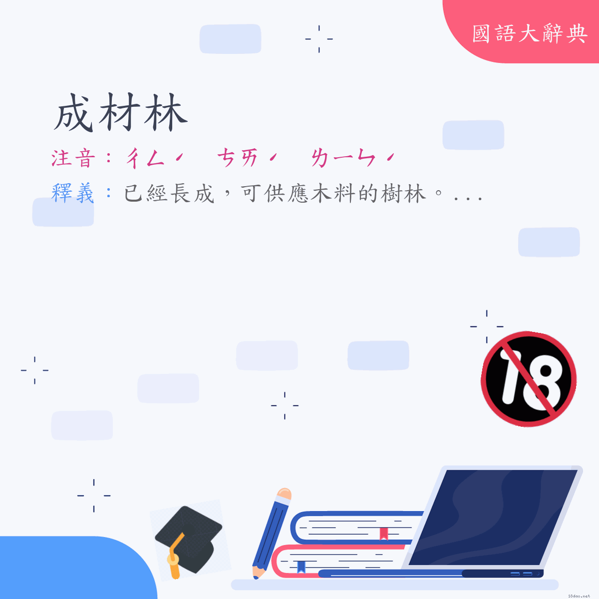 詞語:成材林 (注音:ㄔㄥˊ　ㄘㄞˊ　ㄌㄧㄣˊ)