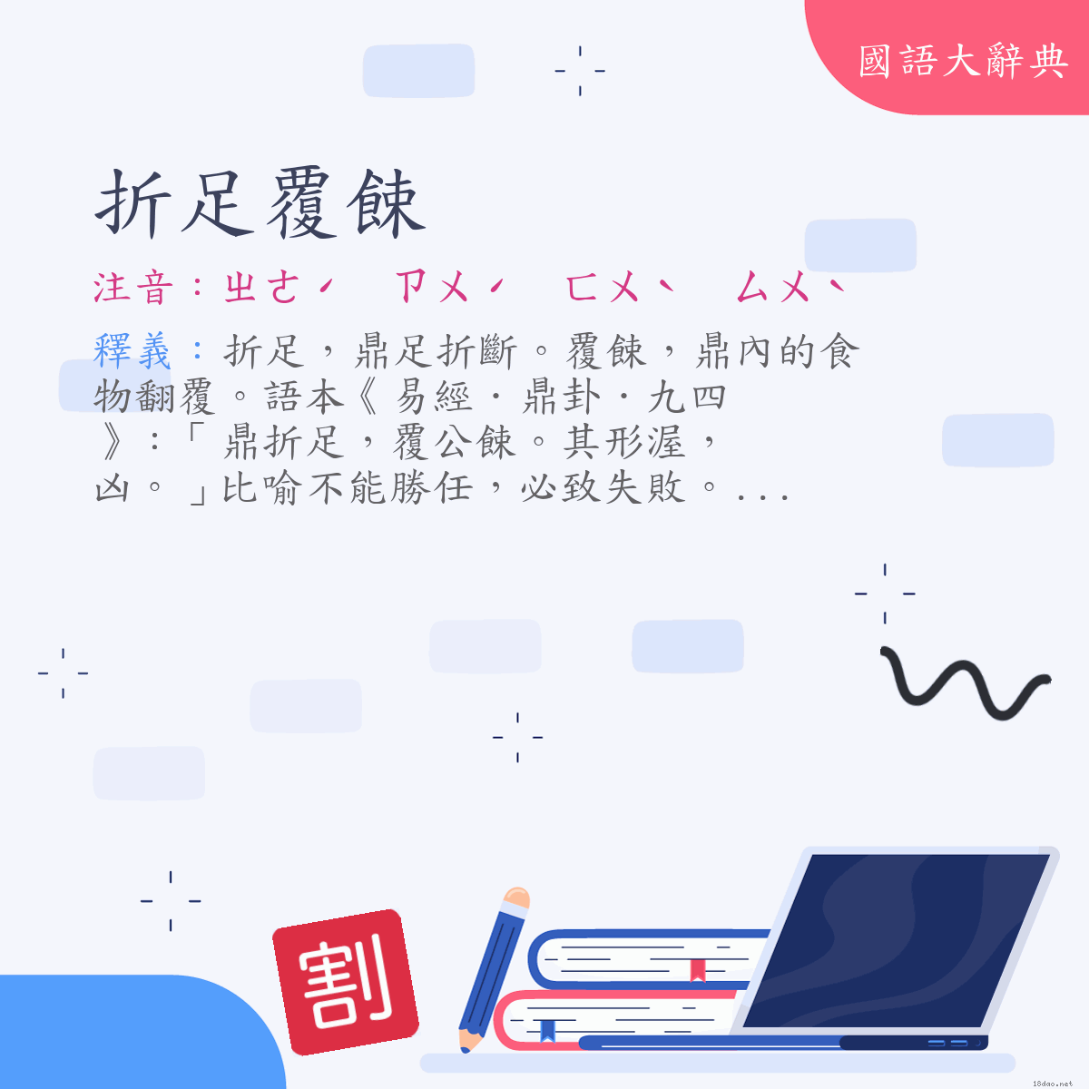 詞語:折足覆餗 (注音:ㄓㄜˊ　ㄗㄨˊ　ㄈㄨˋ　ㄙㄨˋ)