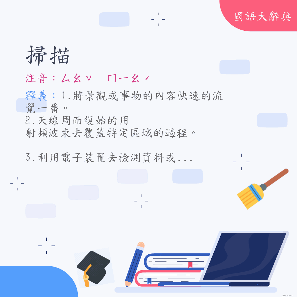 詞語:掃描 (注音:ㄙㄠˇ　ㄇㄧㄠˊ)