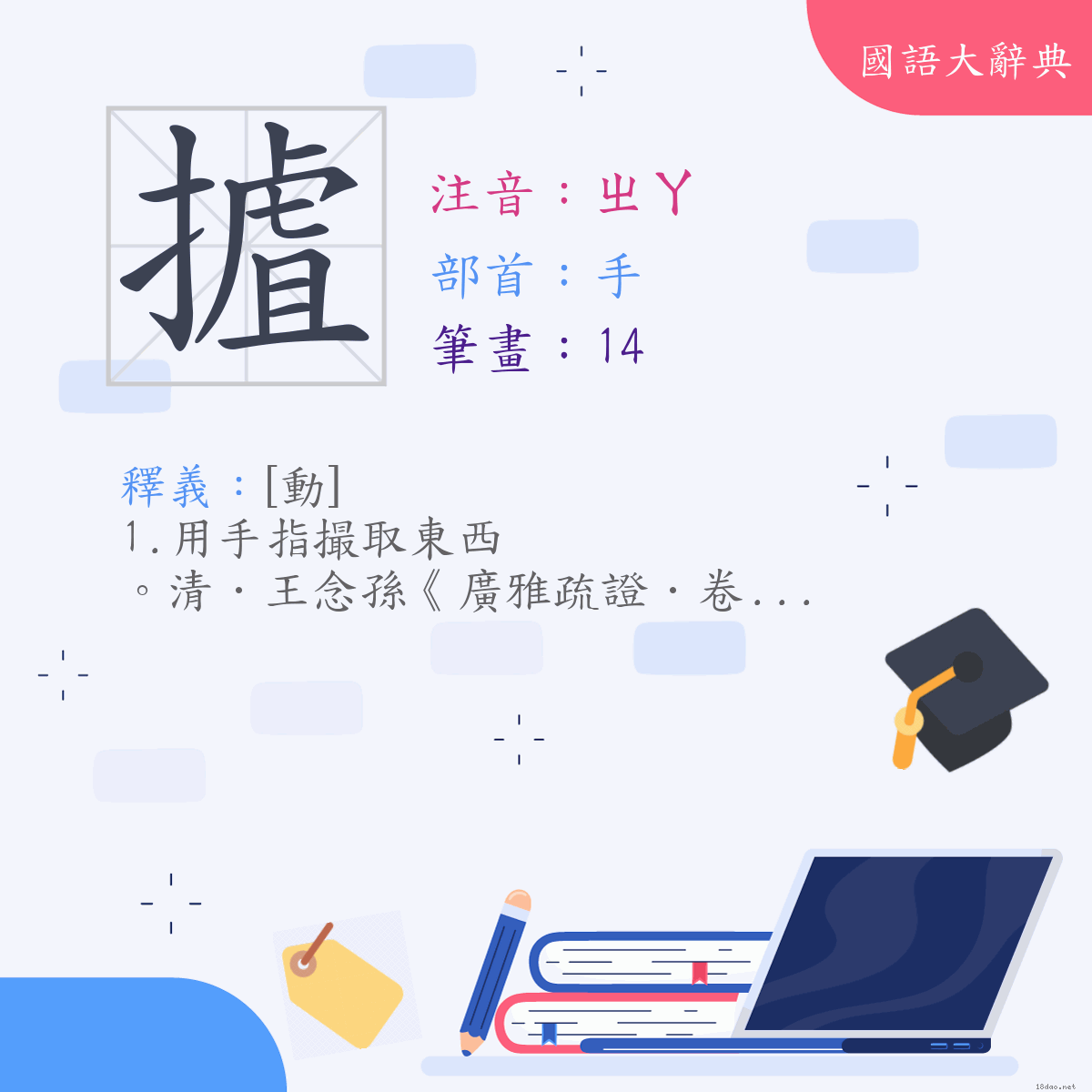 漢字:摣 (注音:ㄓㄚ,部首:手)