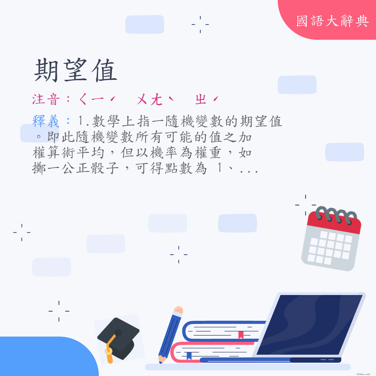 詞語:期望值 (注音:ㄑㄧˊ　ㄨㄤˋ　ㄓˊ)