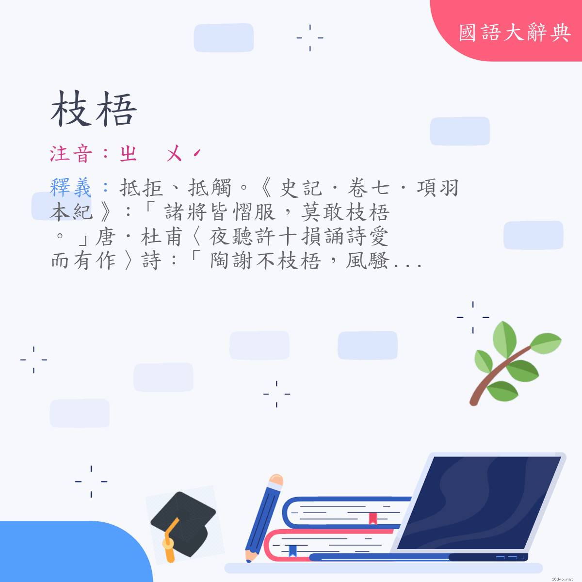 詞語:枝梧 (注音:ㄓ　ㄨˊ)