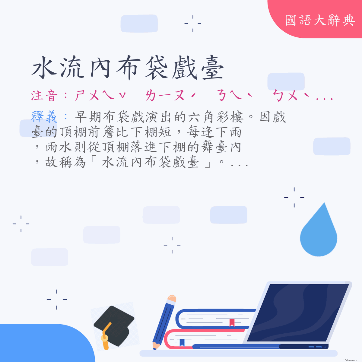 詞語:水流內布袋戲臺 (注音:ㄕㄨㄟˇ　ㄌㄧㄡˊ　ㄋㄟˋ　ㄅㄨˋ　ㄉㄞˋ　ㄒㄧˋ　ㄊㄞˊ)