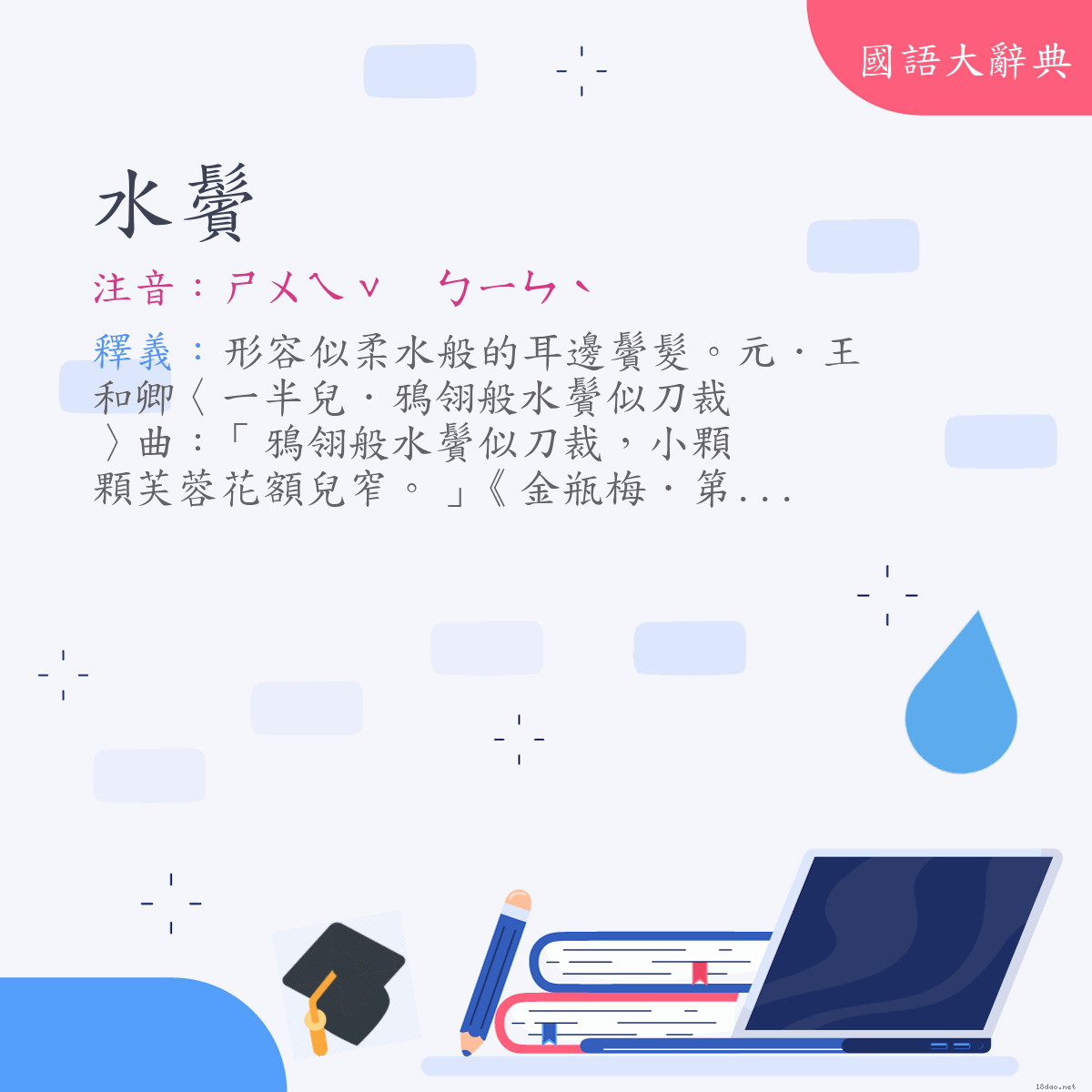 詞語:水鬢 (注音:ㄕㄨㄟˇ　ㄅㄧㄣˋ)