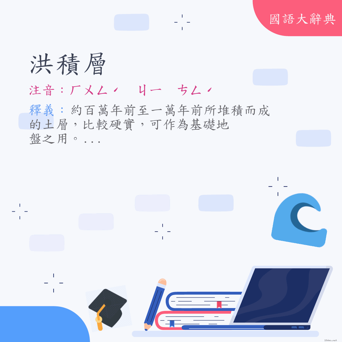 詞語:洪積層 (注音:ㄏㄨㄥˊ　ㄐㄧ　ㄘㄥˊ)