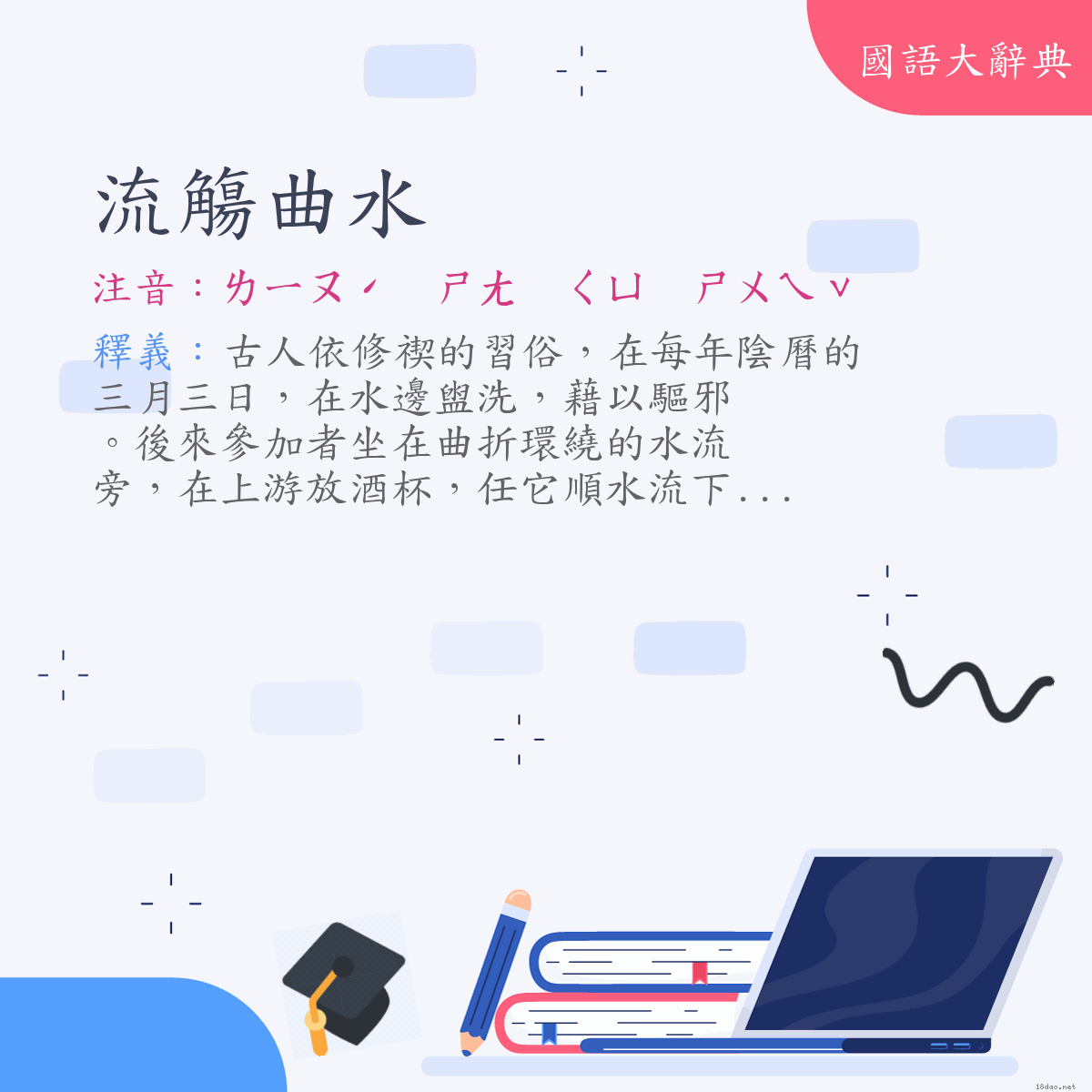 詞語:流觴曲水 (注音:ㄌㄧㄡˊ　ㄕㄤ　ㄑㄩ　ㄕㄨㄟˇ)