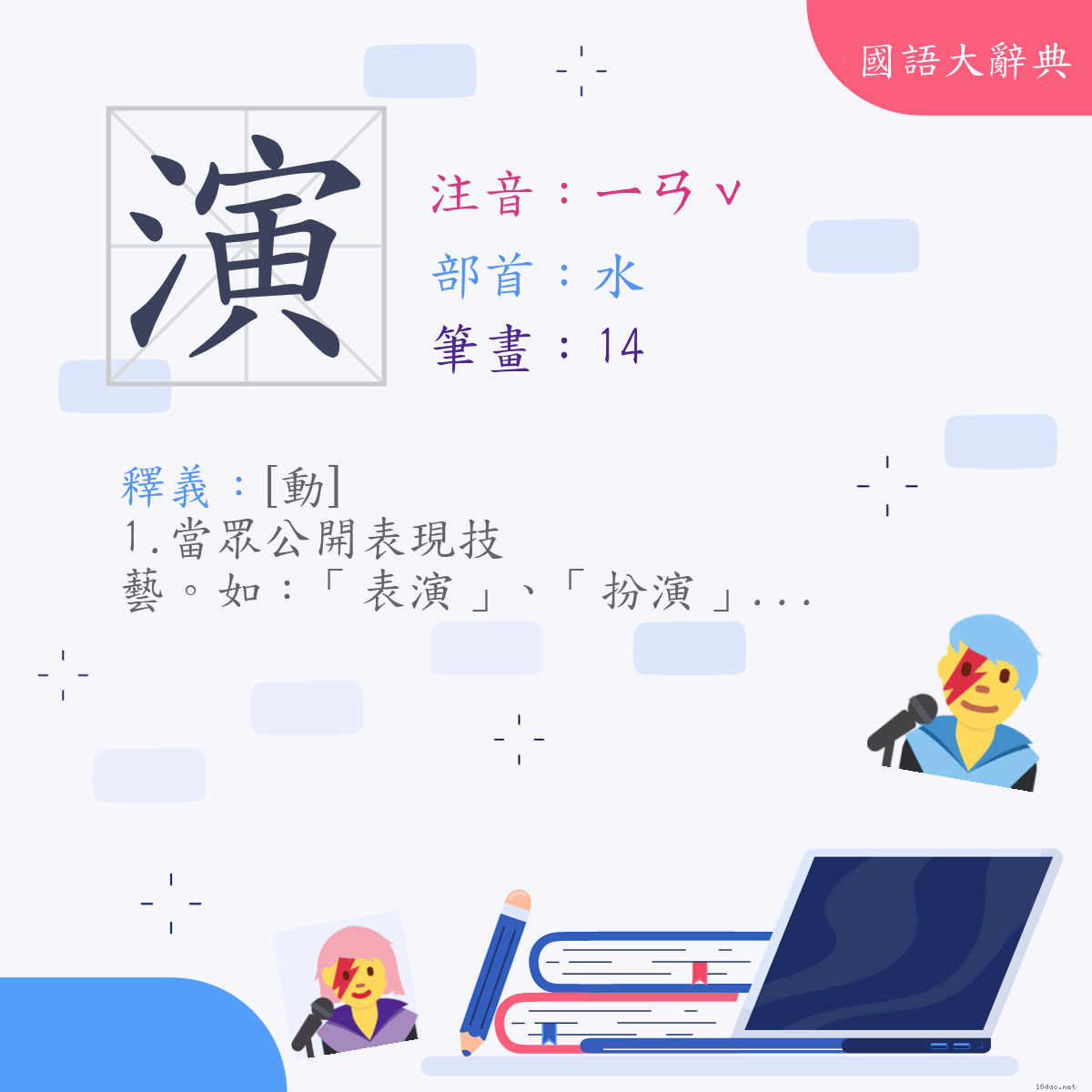 漢字:演 (注音:ㄧㄢˇ,部首:水)