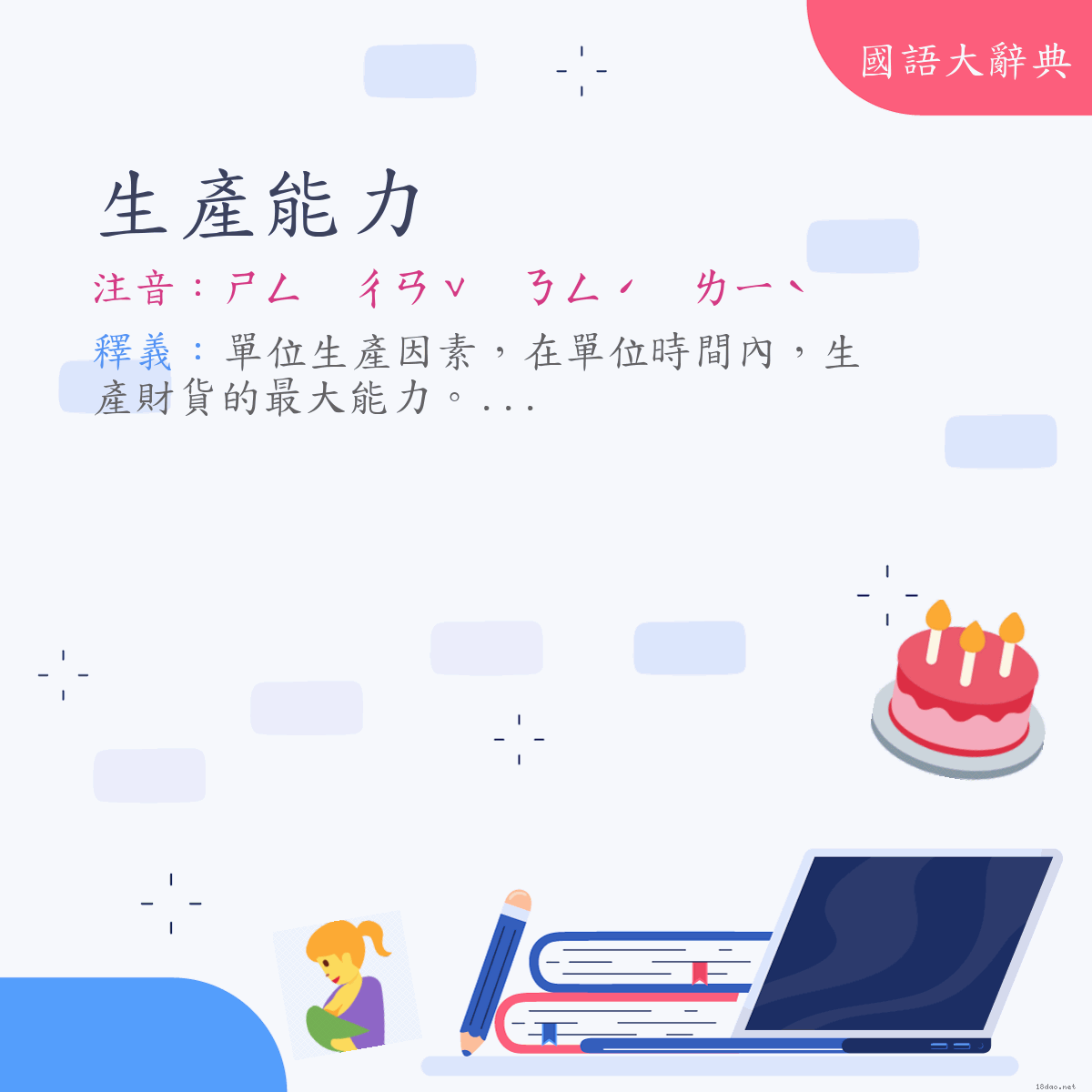 詞語:生產能力 (注音:ㄕㄥ　ㄔㄢˇ　ㄋㄥˊ　ㄌㄧˋ)