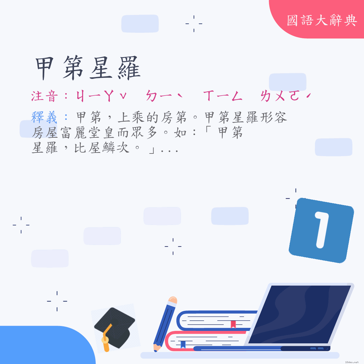 詞語:甲第星羅 (注音:ㄐㄧㄚˇ　ㄉㄧˋ　ㄒㄧㄥ　ㄌㄨㄛˊ)