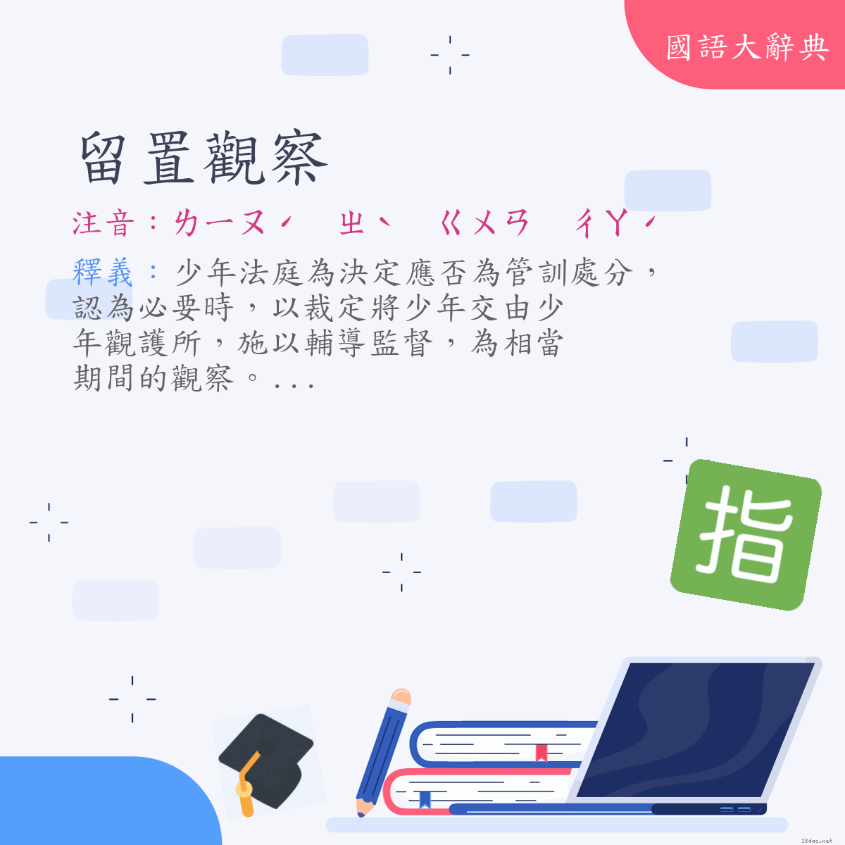 詞語:留置觀察 (注音:ㄌㄧㄡˊ　ㄓˋ　ㄍㄨㄢ　ㄔㄚˊ)