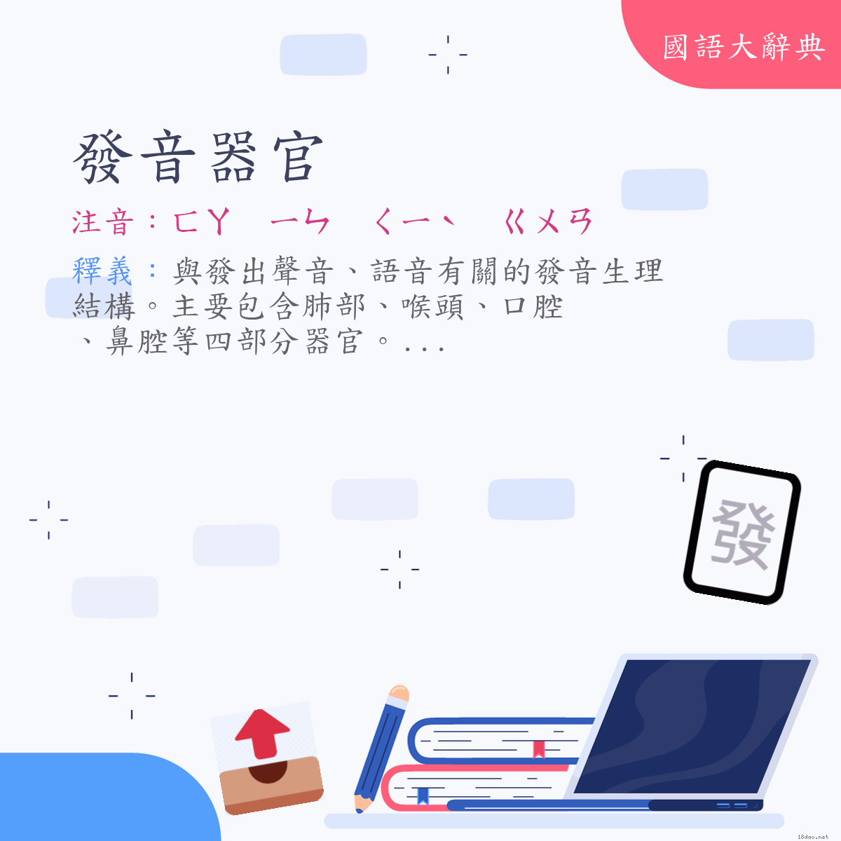 詞語:發音器官 (注音:ㄈㄚ　ㄧㄣ　ㄑㄧˋ　ㄍㄨㄢ)